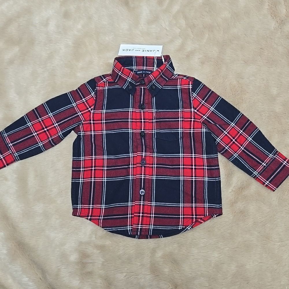 JANIE AND JACK RED AND NAVY BLUE PLAID BUTTON DOWN DRESS SHIRT, SIZE 6-12 MONTHS